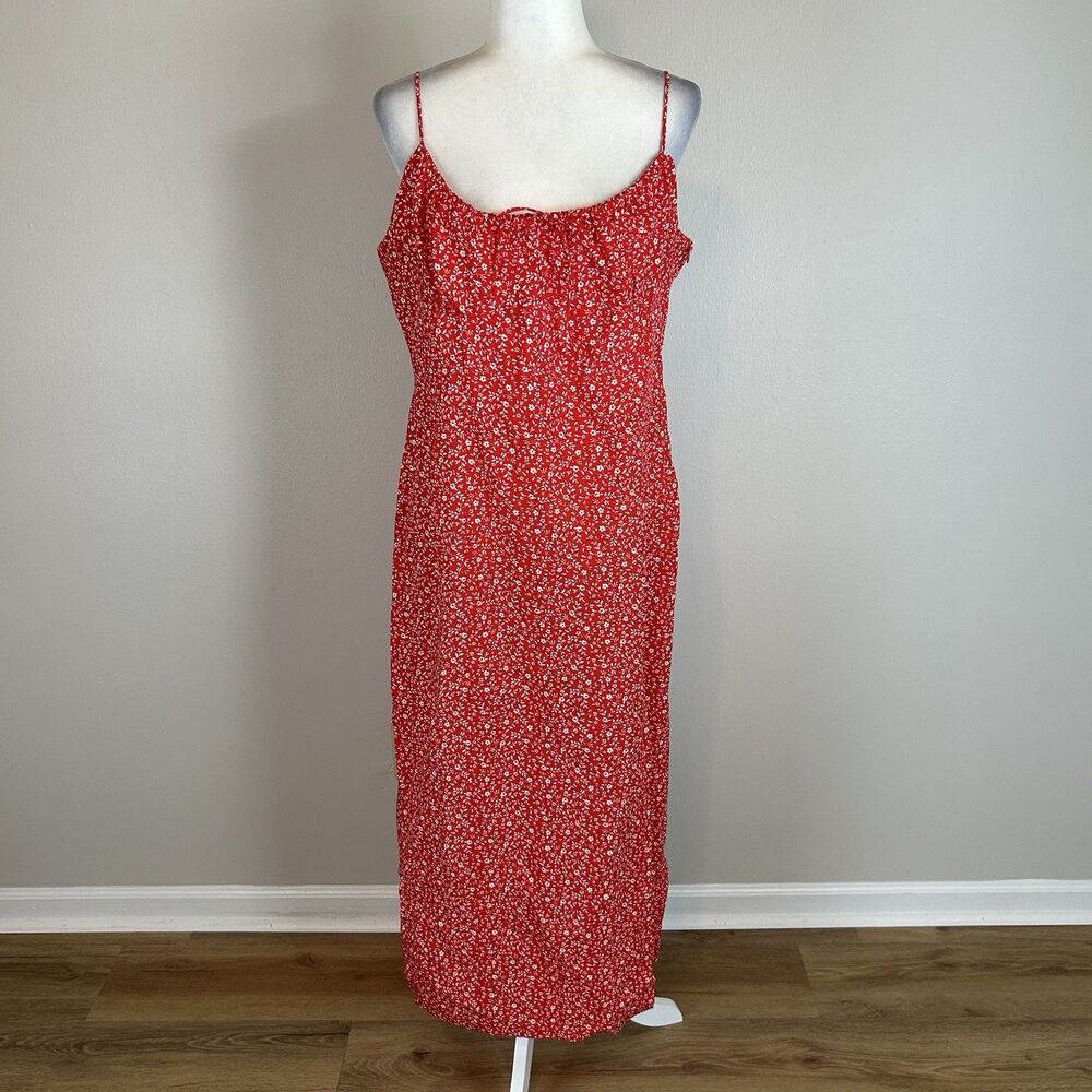 Zara XXL Dress Red Floral Midi Ditsy Side Slit Red Sleeveless Peasant Cottage - Picture 5 of 11